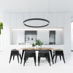 circular-pendant-light-greenery-vase-black-and-white-dining-room